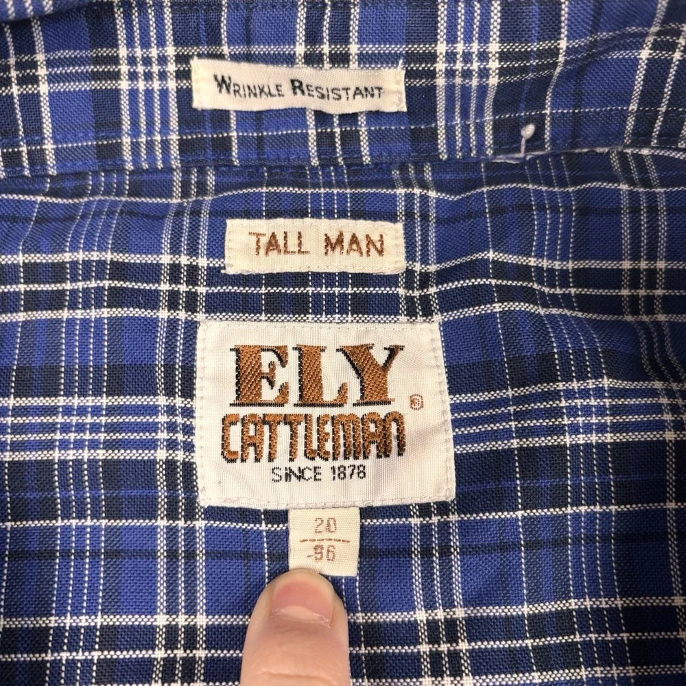 Ely Cattleman Shirt Mens 4XL (20/36) Tall Blue Plaid Pearl Snap Vintage - Picture 5 of 5